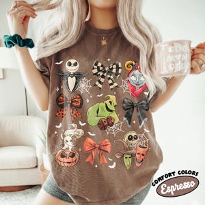 Coquette Bow Nightmare Before Christmas Comfort Colors Shirt, Retro Jack Skellington Oogie Boogie Bash Halloween Tee, Disneyland Family Trip Espresso/Chocolate