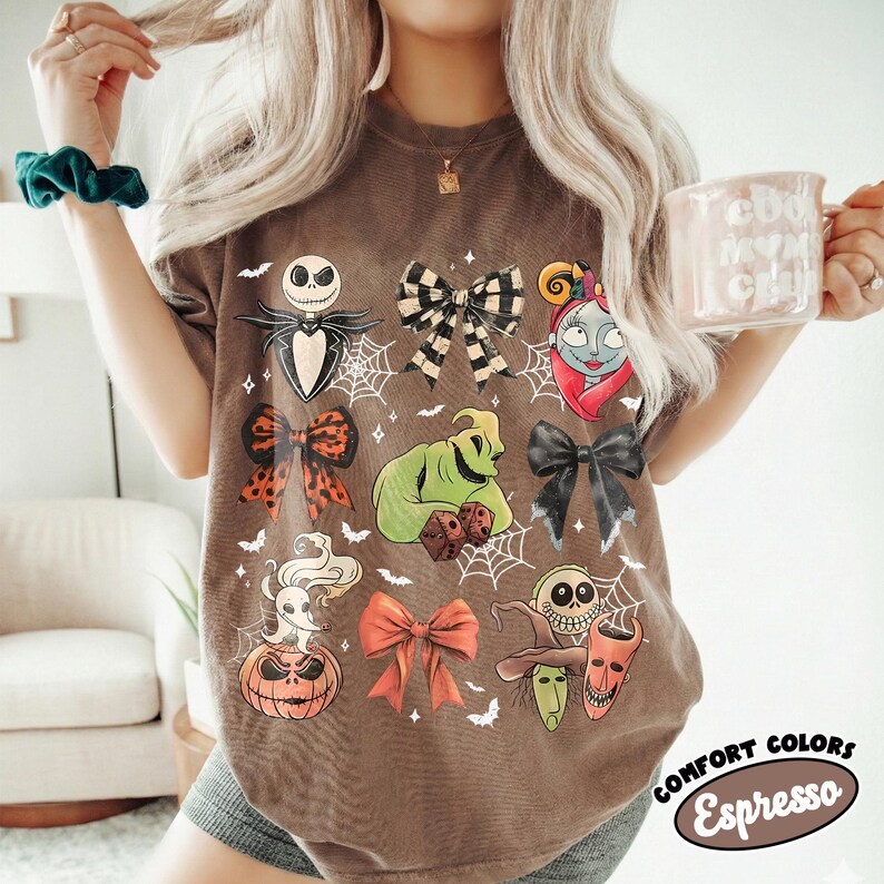 Coquette Bow Nightmare Before Christmas Comfort Colors Shirt, Retro Jack Skellington Oogie Boogie Bash Halloween Tee, Disneyland Family Trip Espresso/Chocolate