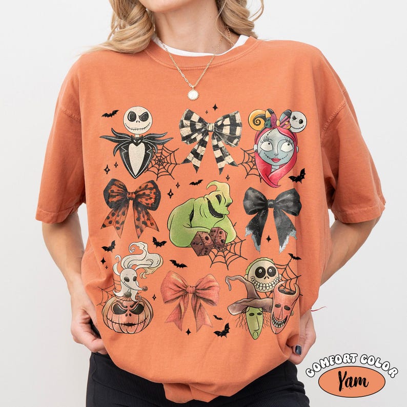 Coquette Bow Nightmare Before Christmas Comfort Colors Shirt, Retro Jack Skellington Oogie Boogie Bash Halloween Tee, Disneyland Family Trip Yam/Orange