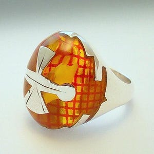 silver ring in red grid