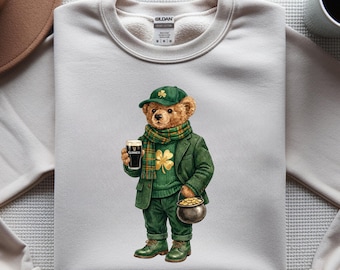 St Patricks Day glückliches Teddybär-Sweatshirt, irisches Bier Rundhalsausschnitt, karierter Shamrock-Pullover, trendiges Teddybär-Geschenk