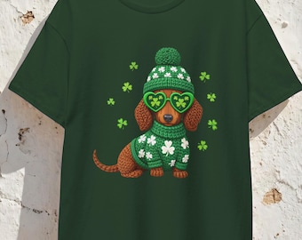St Patricks Day Shirt, Dackel Hund T-Shirt, Dackel Hund Geschenk, Lucky Irish Shirt, Faux Crochet 3D-Effekt, Doxie Mom Top