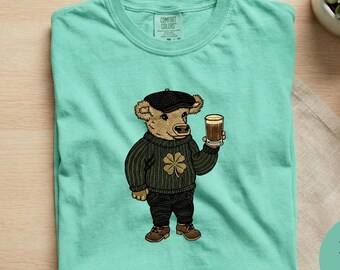 St Patricks Day Highland Kuh Shirt, Komfortfarben Irisches Bier T-Shirt, Lustiges Kleeblatt Scottish Kuh Top, St. Paddys Tagesoutfit, Bier-Liebhaber-Geschenk