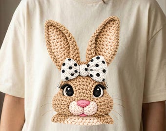 Fröhliches Ostern Shirt, Häkelhase T-Shirt, Osterhase Kokette Shirt, Polka Dot Bow, Faux Crochet Art Kunst, Ostern Shirts für Frauen