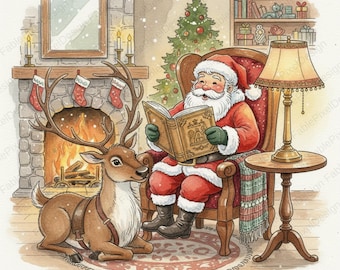 10 Aquarell Weihnachtsmann und Rentier Clipart, fliegende Weihnachtsgrafik, klassischer Urlaub PNG, digitaler Download