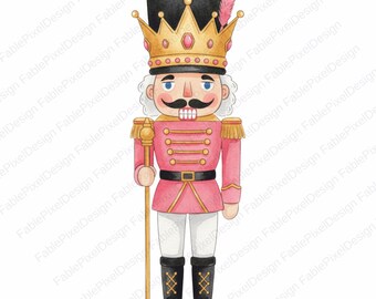 12 Rosa Nussknacker Clipart, Pastell Weihnachten PNG, Kokette Schleife Urlaub Design, Aquarell Digital Download für DIY Handwerk