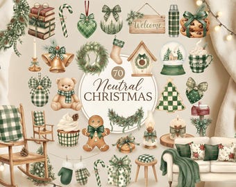 Aquarell Winter Freuden - 70 Neutrale Weihnachtscliparts in sanften Grüntönen, ideal für Bauernhaus Dekor