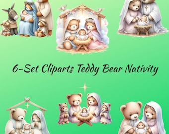 6 bezaubernde Teddy Bär Krippe Clipart Set für eine süße Weihnachtsszene - Sofort Download enthalten