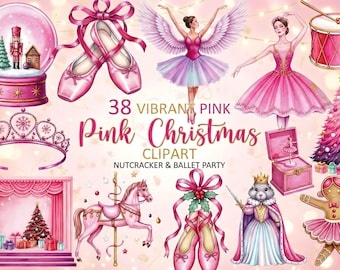 38 rosa Nussknacker Ballett Clipart Set, skurrile Feiertagsgrafiken, Instant Download