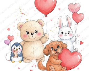 14 Aquarell Valentine Tiere Clipart, süße Herz Ballon Grafiken, wunderliche Kinderzimmer PNG, digitaler Download