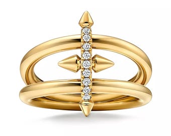 Double Band Diamond Bar Ring | Solid Gold Open Statement Ring | Pavé Diamond Spike Ring | Modern Sculptural Stack Ring
