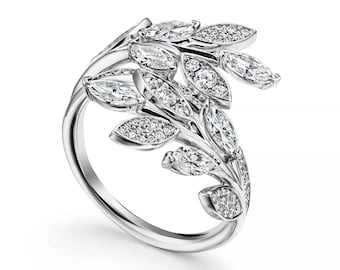 Unique Leaf Floral Moissanite Wedding Ring, Vintage Rose Gold Double Curved Enhancer Ring, 14k Leaf Cluster Promise Ring, Anniversary Gift