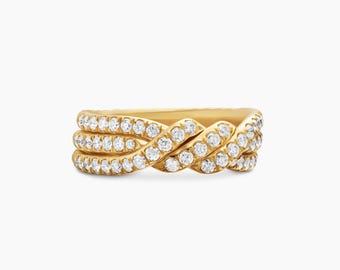 Criss Cross Rope Diamond Ring, X Shape Pave Diamond Ring, Intertwined Multi Rope Band Ring, 18K Yellow Gold Statement Ring Anniversary Gift