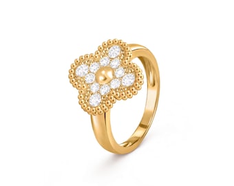 14K Gold Moissanit Klee Ring Vintage Floral Halo Gold Statement Ring Elegantes Schmuck Geschenk