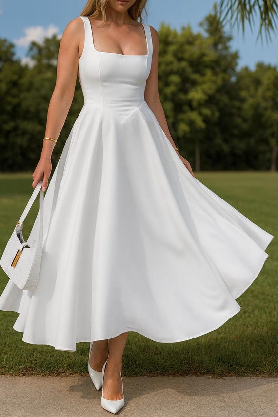 Square Neck A-Line Midi Dress – Sleeveless European Minimalist Style