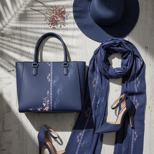 Pode incluir: Um conjunto de moda azul marinho com uma mala tote, sapatos de salto alto, um lenço e um chapéu de abas largas. A mala e o lenço apresentam um padrão floral e geométrico. Os acessórios estão dispostos sobre uma superfície de madeira clara.