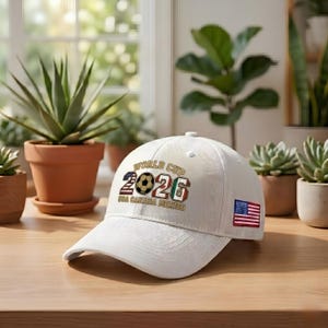 May include: A white baseball cap featuring a graphic that reads World Cup 2026 USA Canada Mexico with a soccer ball replacing the zero. The number two is patterned with the American flag, and the six features the Mexican flag. A small American flag is on the side.