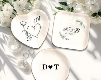 Personalized Ring Dish with Initials & Date, Ceramic Minimalist Jewelry Tray, Engagement Gift for Couple, Bedroom Decor for Everyday Use