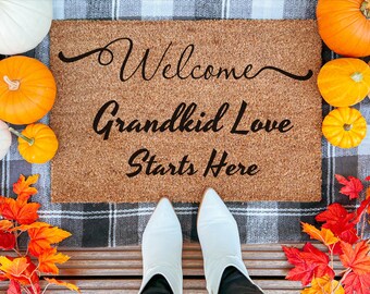 Welcome Grandkid Love Starts Here Doormat, Grandparents Gift, Mothers Day Gift, Welcome Mat, Housewarming Gift, Personalized Doormat,