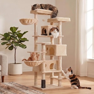 May include: A multi-level cat tree in beige, featuring platforms, hideaways, and a hanging basket. Several cats are using the structure, with one in a basket. The tree includes a scratching post and a dangling toy.