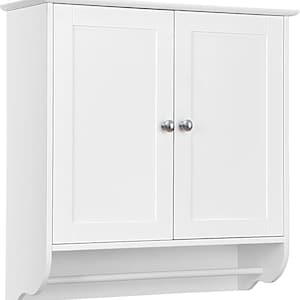 May include: A white wall-mounted cabinet featuring two doors with silver-toned round knobs. The cabinet includes a flat top surface and an open shelf at the bottom equipped with a horizontal bar for hanging items, constructed with a clean finish.