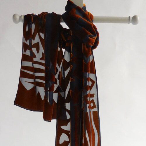 Original design LIMITED EDITION silk/viscose selling devoré scarf in russet & dark navy