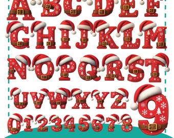 May include: A festive alphabet and number set featuring red letters and numbers adorned with Santa hats and brown belts. Each character is decorated with white snowflakes. The image includes the text "36 PNG files with transparent background".