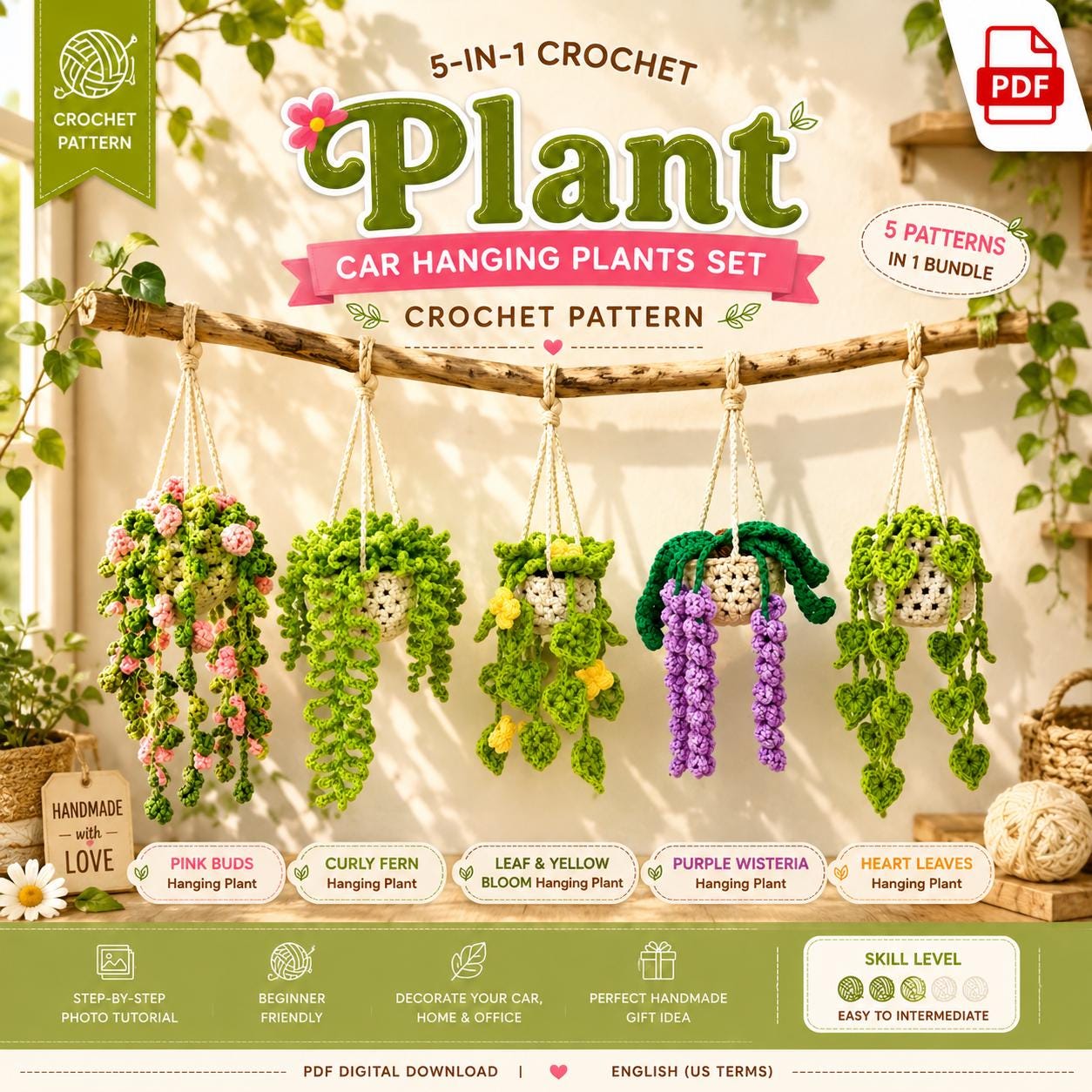 38 Hanging Plant Crochet Patterns to Brighten Your Home and Car Decor 31 5-in-1 Hanging Plant Crochet