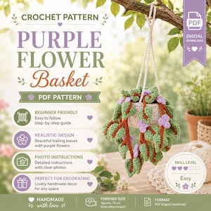 Purple Flower Basket Crochet Pattern PDF, Floral Amigurumi Tutorial, Car Hanging Crochet Pattern, Rear View Mirror Decor