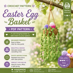 May include: A digital PDF crochet pattern for an Easter egg basket featuring a brown hanging basket with long, cascading green vines and colorful crocheted eggs. The text includes 'CROCHET PATTERN', 'Easter Egg Basket', 'PDF PATTERN', and 'FINISHED SIZE: Approx. 35 cm'.