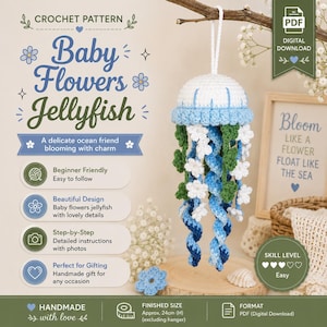 May include: A crochet pattern for a Baby Flowers Jellyfish, a digital download. The jellyfish features a white and light blue dome with hanging green and blue spiral tentacles adorned with small white flowers. Finished size is 24 cm in height.