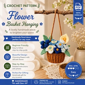 Puede incluir: Un patrón de ganchillo para una cesta de flores colgante. El texto dice: CROCHET PATTERN Flower Basket Hanging. Una pieza hecha a mano para alegrar su espacio. Decoración floral hecha a mano. Apto para principiantes. Diseño hermoso. Paso a paso. Tamaño final aprox. 14cm (H) x 16cm (A).