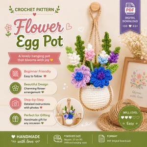 Mönster för virkad blomkruka med ägg i PDF-format, mönster för hängande blomkorg, berlock för bilspegel, Cottagecore Home Decor DIY