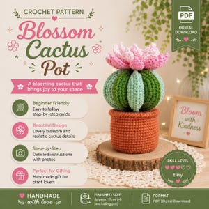 Puede incluir: Un patrón de ganchillo en descarga digital para un Blossom Cactus Pot. La imagen muestra un cactus tejido con una flor rosa claro en la parte superior, un cuerpo verde acanalado y una maceta naranja. El texto incluye Blossom Cactus Pot y 13cm H.