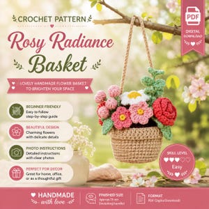Flower Basket Crochet Pattern PDF, Car Hanging Crochet Pattern, Rear View Mirror Charm, Floral Amigurumi Tutorial