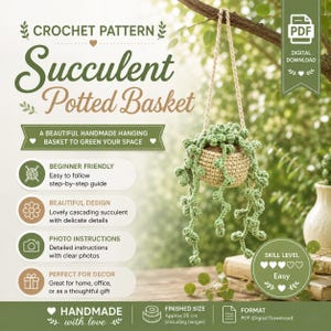 May include: A digital crochet pattern for a succulent potted basket. The text reads Crochet Pattern Succulent Potted Basket, Beginner Friendly, Beautiful Design, Photo Instructions, Perfect for Decor, and Finished Size Approx 25 cm including hanger.