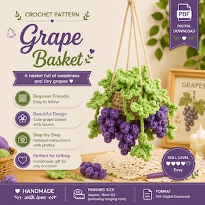 Può includere: Un modello all'uncinetto per un cestino d'uva. Il cestino è pieno di uva viola e foglie verdi. Il testo sull'immagine dice "Grape Basket" e "Handmade with love". La dimensione finita è di circa 18 cm (H).