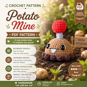 Puede incluir: Un patrón de ganchillo en PDF digital para un peluche de Potato Mine. El diseño muestra una patata marrón en forma de cúpula con una esfera roja encima, ojos negros y dientes blancos. El texto incluye "Potato Mine", "PDF Pattern" y "8 cm".
