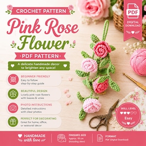 Pink Rose Flower Crochet Pattern PDF, Car Hanging Crochet Pattern, Rear View Mirror Charm, Floral Amigurumi Tutorial
