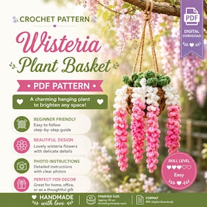 Virkmönster för blåregn, hängande växtkorg PDF-mönster, amigurumi för blomkorg, heminredning, hängande blomdekoration