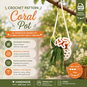 Virkmönster för hängande växter i korall, havsinspirerad växt i PDF-format, amigurumi-hängande korg, kustnära heminredning