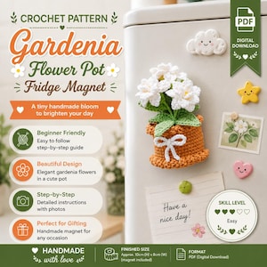 May include: A crochet pattern for a Gardenia Flower Pot fridge magnet. The digital download includes a step-by-step guide for a white flower in an orange pot with a white bow. The finished size is approximately 10cm (H) x 8cm (W).