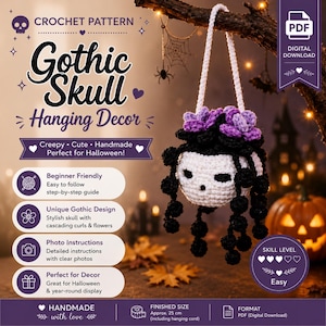 Gothic Skull Hanging Decor Crochet Pattern PDF, Halloween Car Mirror Charm, Goth Room Decor, Skull Mirror Hanger