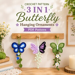 3-in-1 Schmetterlings-Häkelanleitung, Schmetterlings-Hängedekoration, florale Amigurumi-Dekoration, Heimdekoration, PDF-Anleitung