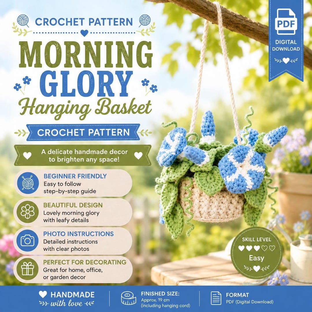 Morning Glory Hanging Basket Crochet Pattern PDF, Crochet Flower