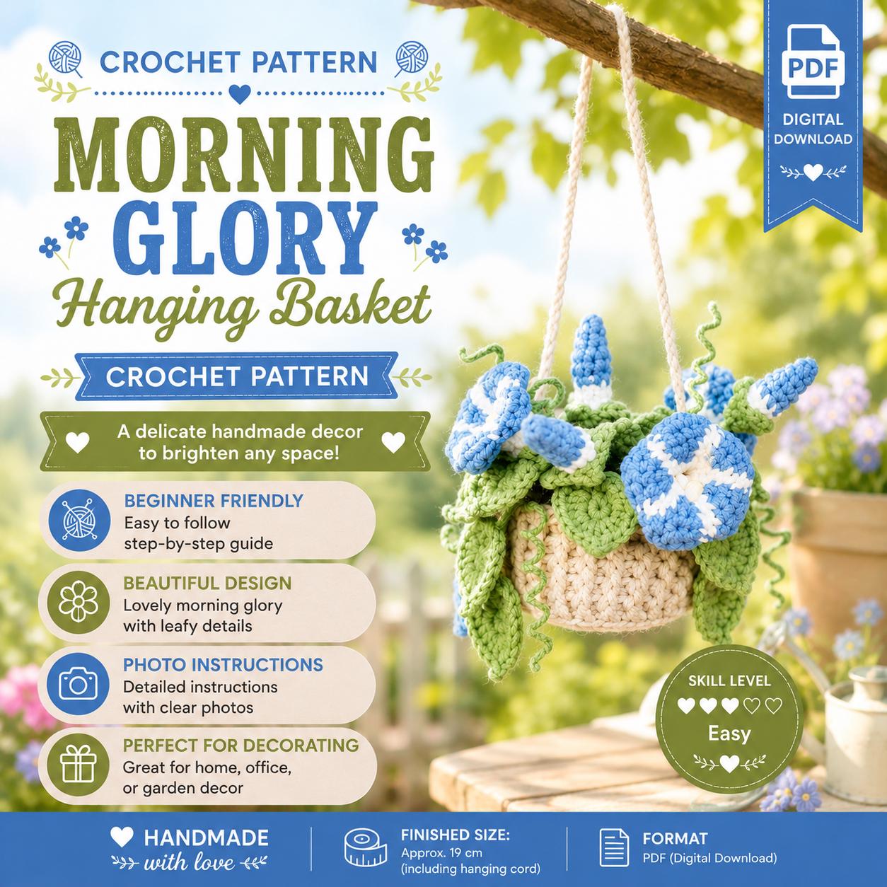 Morning Glory Hanging Basket Crochet Pattern PDF, Crochet Flower