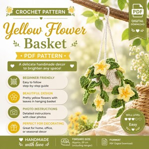 Yellow Flower Basket Crochet Pattern PDF, Car Hanging Crochet Pattern, Rear View Mirror Decor, Floral Amigurumi Tutorial