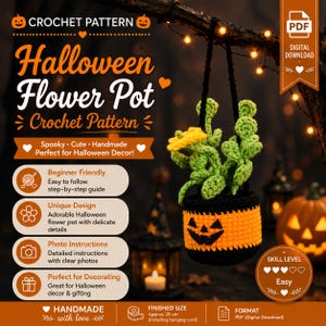 Patrón de ganchillo en PDF para maceta de Halloween, dije de calabaza para espejo retrovisor de coche, decoración colgante espeluznante, adorno de Halloween
