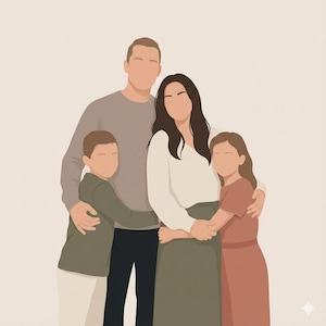 Może przedstawiać: Minimalistyczna ilustracja cyfrowa rodziny czteroosobowej. Postacie, bez rysów twarzy, obejmują się. Paleta barw obejmuje stonowane odcienie szarości, bieli, zieleni i brzoskwini.