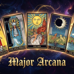 May include: Five tarot cards from the Major Arcana are displayed, including The Magician, The High Priestess, The Sun, The Moon, and The Star. The cards have gold borders and feature detailed illustrations. The words "Major Arcana" are written in a decorative font.